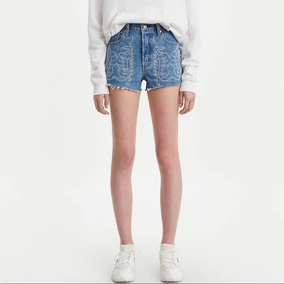 LEVI’S 501 High Rise Embroidered Denim Shorts New - Picture 7 of 9
